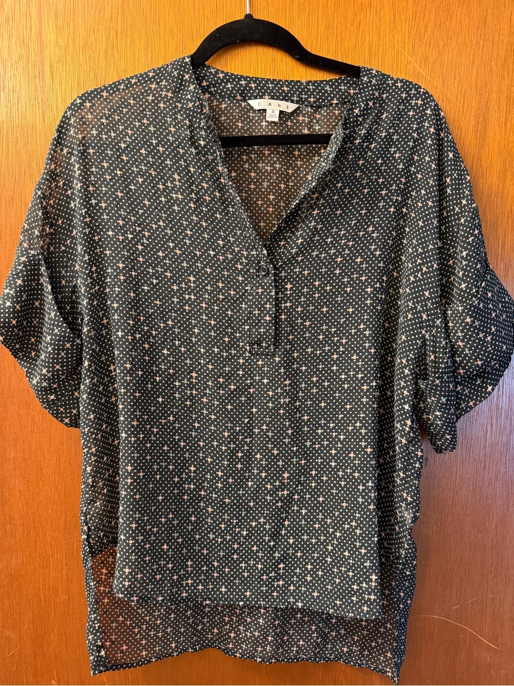 CAbi Black Star-Print Split V-Neck Blouse